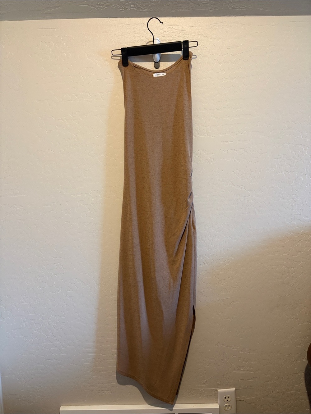 Crescent Tan Maxi dress with Side Ruching